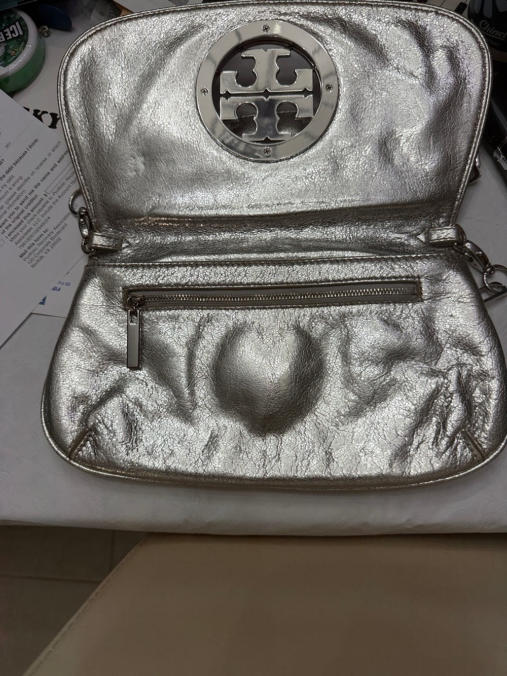 Tory Burch Metallic Silver Logo Crossbody/Wristlet - Picture 4 of 10
